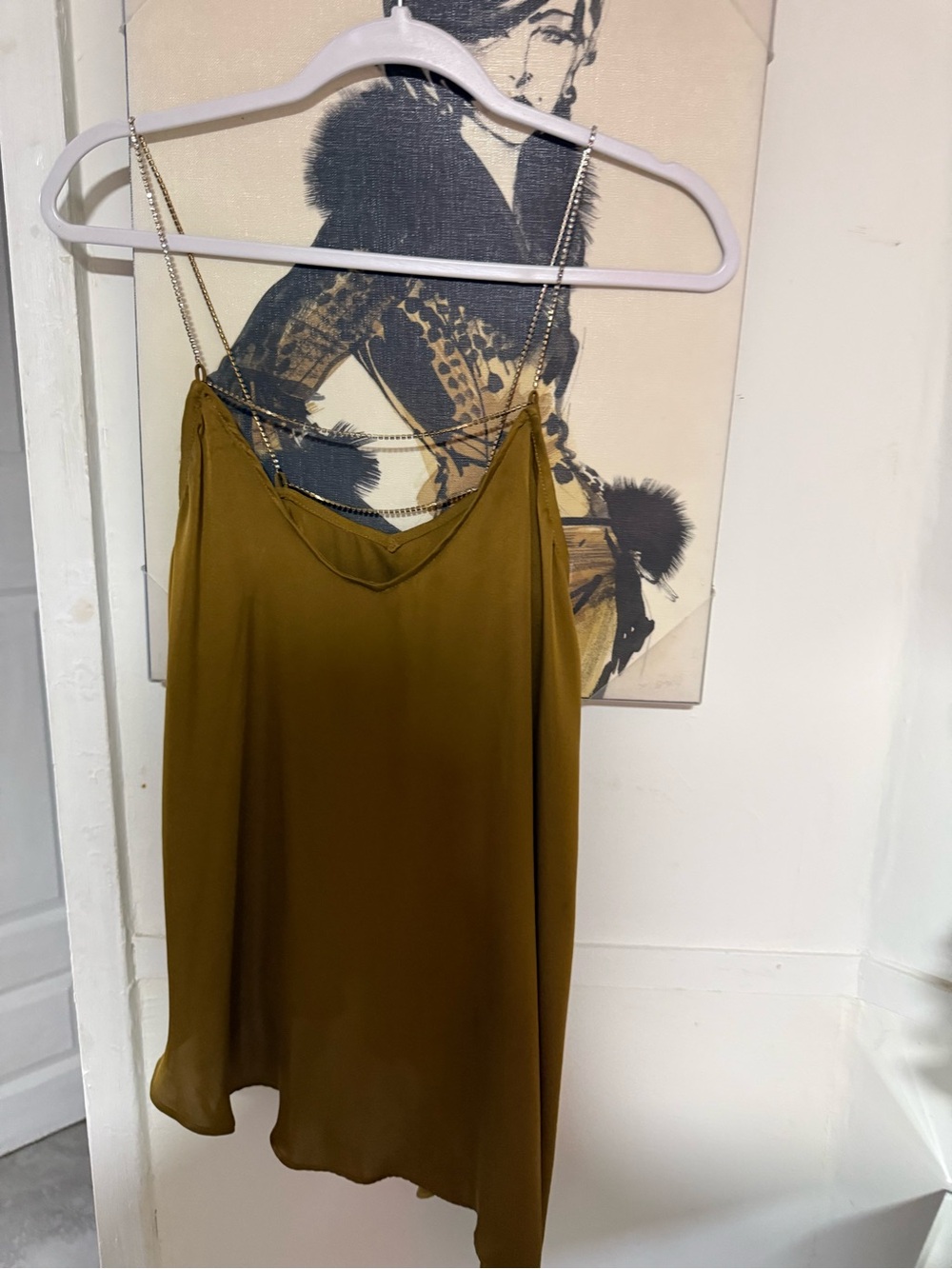 Zara Olive Green Satin Slip Camisole with Chain Straps